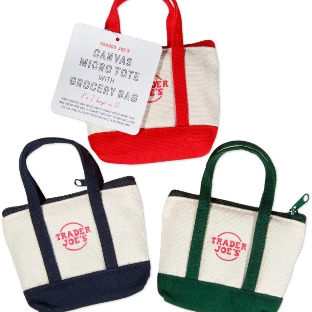 ✨NWT Trader Joe’s MICRO Canvas Tote Set (3 Colors!) – Navy, Red & Green + Bonus